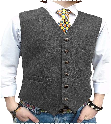 AeoTeokey Herrenanzug Tweed Weste Herringbone Klassisch Formell Smoking Weste Wolle Groomsmen (Grau,XXL) von AeoTeokey