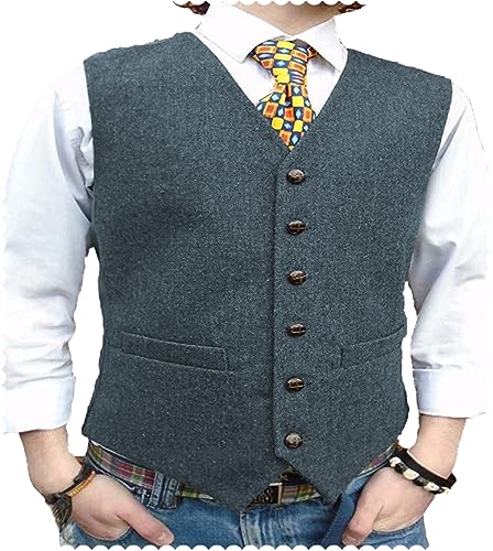 AeoTeokey Herrenanzug Tweed Weste Herringbone Klassisch Formell Smoking Weste Wolle Groomsmen (HellMarine,4XL) von AeoTeokey