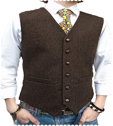 AeoTeokey Herrenanzug Tweed Weste Herringbone Klassisch Formell Smoking Weste Wolle Groomsmen (Kaffee,4XL) von AeoTeokey