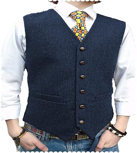 AeoTeokey Herrenanzug Tweed Weste Herringbone Klassisch Formell Smoking Weste Wolle Groomsmen (Marine,4XL) von AeoTeokey