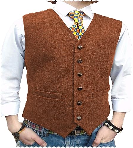 AeoTeokey Herrenanzug Tweed Weste Herringbone Klassisch Formell Smoking Weste Wolle Groomsmen (Orange,4XL) von AeoTeokey