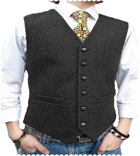 AeoTeokey Herrenanzug Tweed Weste Herringbone Klassisch Formell Smoking Weste Wolle Groomsmen (Schwarz,4XL) von AeoTeokey