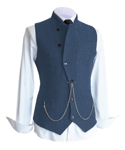 Herren Formal Anzug Weste Hoher Hals Slim Fit Tweed Weste Herringbone Wolle Hochzeitsweste (Blau,4XL) von AeoTeokey