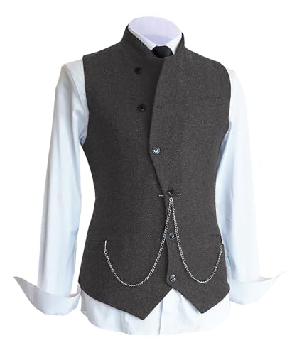 Herren Formal Anzug Weste Hoher Hals Slim Fit Tweed Weste Herringbone Wolle Hochzeitsweste (Grau,L) von AeoTeokey