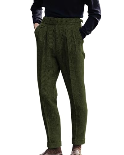 Herren Hochtaillierte Anzughose Plissierte Front Tweed Retro Woll Hosen (Armeegrün, 36W x 32L) von AeoTeokey