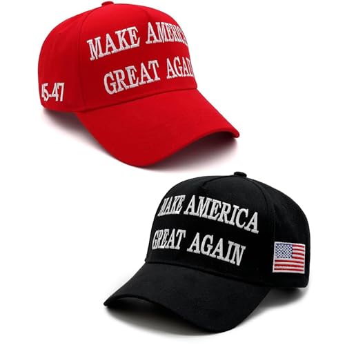 Aeonda Trump 2024 45-47 MAGA Hat Make America Great Again Donald Trump Slogan mit USA-Flagge Baseballkappe, 2 x rote und schwarze Maga-Hut, M/Einheitsgröße von Aeonda