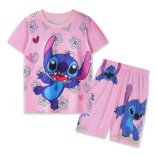 Aepotumn Stitch Mädchen Kurzer Schlafanzug Kinder 2-teilig Kurzarm Pjs Nachtwäsche Top und Shorts Set Outfit für 7-12 Jahre, rose, 128 von Aepotumn