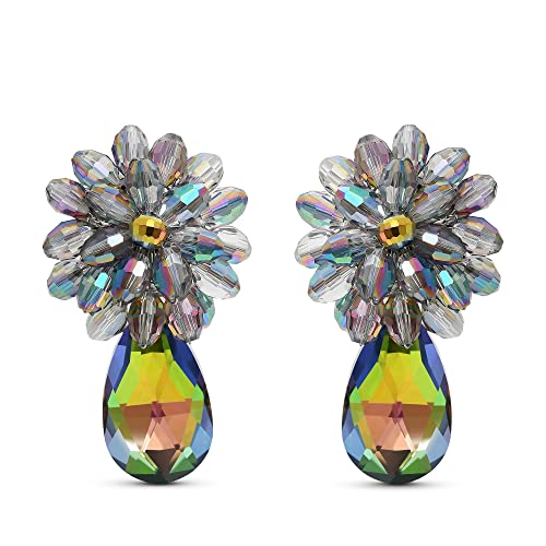 Aeravida Glitzerndes Prisma von Regenbogenfarbe Kristall Blüte und Tropfenform Clip auf Ohrringe | Eleganter handgefertigter Schmuck | Handgefertigte Ohrclips aus Kristall, Kristall Kristall Basis, von AeraVida