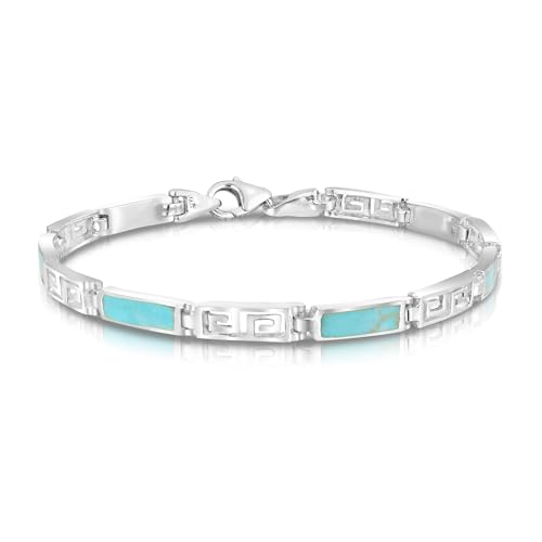 Griechischer Schlüssel Labyrinth Simuliert Türkis Inlay 925 Sterling Silber Link Armband von AeraVida
