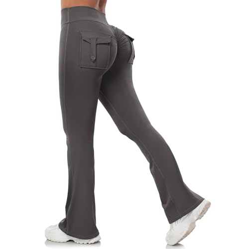 Aerides Flared Leggings Schlaghose Damen mit Taschen High Waist Blickdicht Yogahose Bootcut Scrunch Butt Sport Leggins (Grau, M) von Aerides