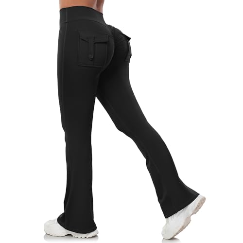 Aerides Flared Leggings Schlaghose Damen mit Taschen High Waist Blickdicht Yogahose Bootcut Scrunch Butt Sport Leggins (Schwarz, M) von Aerides