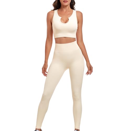 Aerides Trainingsanzug Damen Set Gepolstert 2 Teilig Nahtlose Jogginganzug Zweiteiler Ärmellos Sportanzug Freizeitanzug Yoga Outfit Sport Fitness Gym(Beige, L) von Aerides