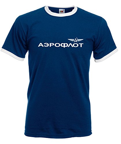 Aeroflot Original Retro T-Shirt mit kultige Kontraststreifen an Hals und Arm, Retrodesign Navyblau S von Aeroflot