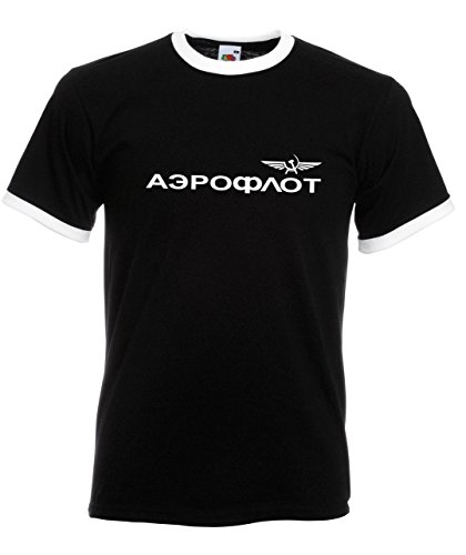 Aeroflot Original Retro T-Shirt mit kultige Kontraststreifen an Hals und Arm, Retrodesign schwarz XL von Aeroflot