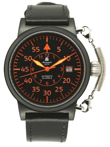 Aeromatic 1912 Herren Automatik Fliegeruhr Lederarmband Schwarz Retrolook A1332 Spezial Federkronenschutz von Aeromatic 1912