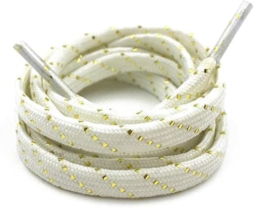 Aeromdale Flache Schnürsenkel, 7 mm breit, Polyester-Schnürsenkel mit goldenem Drahtband, Sport-Sneaker, Schuhe, Saiten, Stiefel, Seile für Unisex, Erwachsene, Kinder, 1 Paar – Weiß – 80 cm von Aeromdale