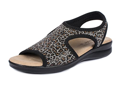 Aerosoft Damen Sandale Stretch 05 leicht druckfrei rundum Stretch Weite G-H (Leopard schwarz, numeric_42) von Aerosoft