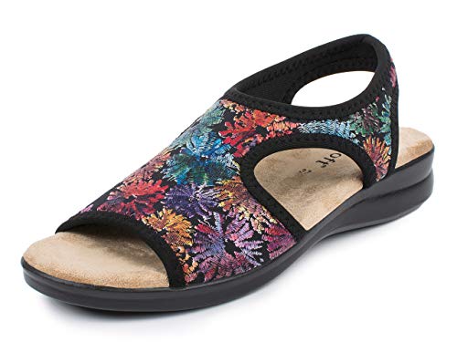 Aerosoft Damen Sandalette stretch 05, extra leicht und mit rundum Stretch, in 5 Farben (Blume schwarz, numeric_36) von Aerosoft