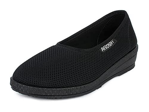 Aerosoft Damen Stretch-Ballerina, Weite G-H, druckfrei, für Sensible Füße, Hallux Valgus geeignet, Innenmaterial: DERMATEST Sehr gut (schwarz, Numeric_38) von Aerosoft