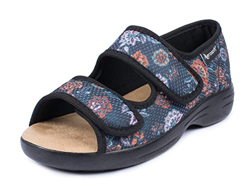 Aerosoft Reha-Sandale Stretch 06 Damen Klettverschluss Weite G-H rutschhemmend (Anthrazit Blume, numeric_37) von Aerosoft