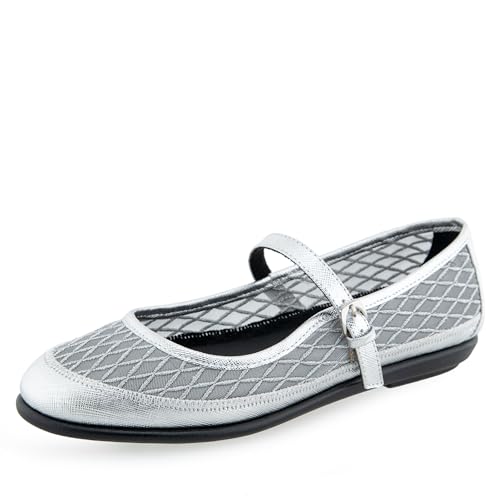Aerosoles Baylee Mary Jane Flache Schuhe für Damen, Silbernes Netz/silberfarbenes strukturiertes Kunstleder, 39 EU Weit von Aerosoles