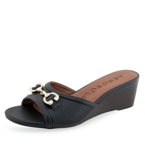 Aerosoles Damen WAVA Schiebe-Sandalen, Schwarzes genarbtes Kunstleder, 43 EU Weit von Aerosoles