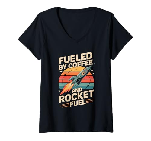Damen Angetrieben durch Kaffee und Raketentreibstoff, Retro-Luft- und Raumfahrttechnik T-Shirt mit V-Ausschnitt Damen Angetrieben durch Kaffee und Raketentreibstoff, Retro-Luft- und Raumfahrttechnik T-Shirt mit V-Ausschnitt von Aerospace Engineering Aerospace Engineer