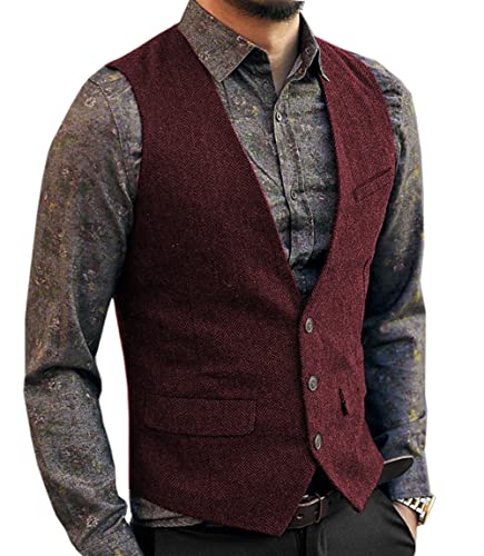 Aesido Casual Herren Weste Anzugweste Slim Fit Wolle Fischgrätenmuster Tweed Business Anzüge Westen Hochzeit Trauzeuge Party(Burgund,l) von Aesido