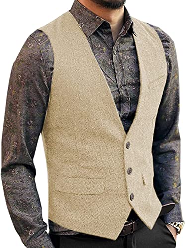 Aesido Casual Herren Weste Anzugweste Slim Fit Wolle Fischgrätenmuster Tweed Business Anzüge Westen Hochzeit Trauzeuge Party(Champagner,xl) von Aesido