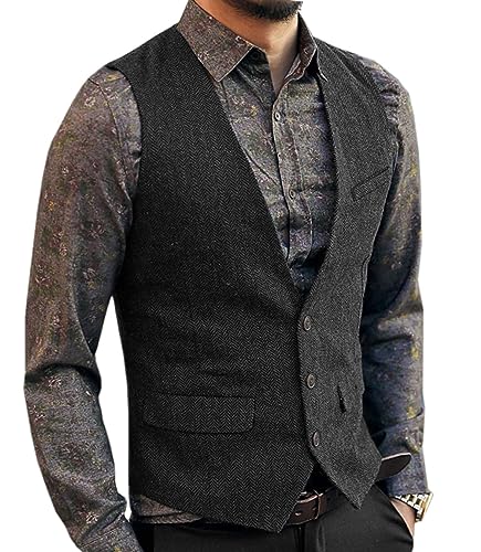 Aesido Casual Herren Weste Anzugweste Slim Fit Wolle Fischgrätenmuster Tweed Business Anzüge Westen Hochzeit Trauzeuge Party(Schwarz,xl) von Aesido