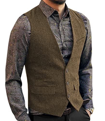 Aesido Casual Herren Weste Anzugweste Slim Fit Wolle Fischgrätenmuster Tweed Business Anzüge Westen Hochzeit Trauzeuge Party von Aesido