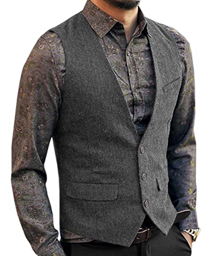 Aesido Casual Herren Weste Anzugweste Slim Fit Wolle Fischgrätenmuster Tweed Business Anzüge Westen Hochzeit Trauzeuge Party von Aesido