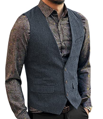 Aesido Casual Herren Weste Anzugweste Slim Fit Wolle Fischgrätenmuster Tweed Business Anzüge Westen Hochzeit Trauzeuge Party von Aesido