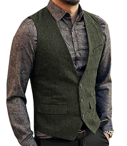 Aesido Casual Herren Weste Anzugweste Slim Fit Wolle Fischgrätenmuster Tweed Business Anzüge Westen Hochzeit Trauzeuge PartyArmee Grün,L von Aesido