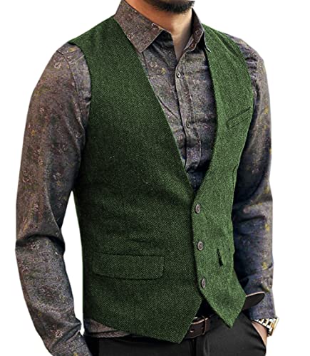 Aesido Casual Herren Weste Anzugweste Slim Fit Wolle Fischgrätenmuster Tweed Business Anzüge Westen Hochzeit Trauzeuge PartyGrün,M von Aesido