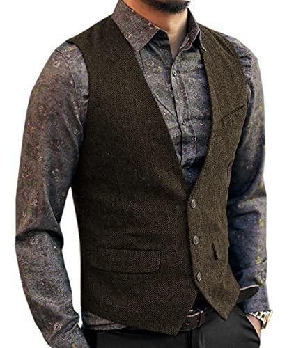 Aesido Casual Herren Weste Anzugweste Slim Fit Wolle Fischgrätenmuster Tweed Business Anzüge Westen Hochzeit Trauzeuge PartyKaffee,M von Aesido