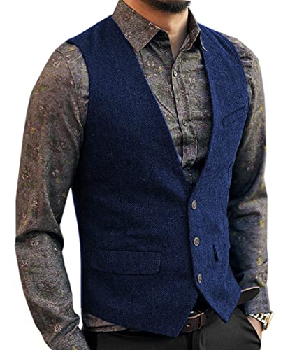 Aesido Casual Herren Weste Anzugweste Slim Fit Wolle Fischgrätenmuster Tweed Business Anzüge Westen Hochzeit Trauzeuge PartyKönigsblau,XL von Aesido