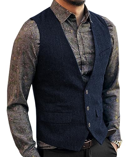 Aesido Casual Herren Weste Anzugweste Slim Fit Wolle Fischgrätenmuster Tweed Business Anzüge Westen Hochzeit Trauzeuge PartyMarine,S von Aesido