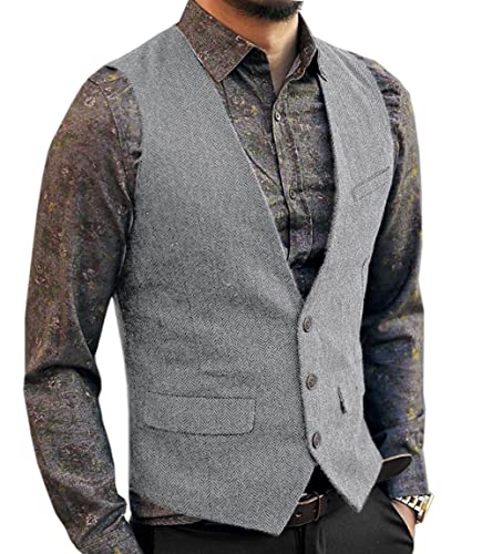 Aesido Casual Herren Weste Anzugweste Slim Fit Wolle Fischgrätenmuster Tweed Business Anzüge Westen Hochzeit Trauzeuge PartySilber-Grau,L von Aesido