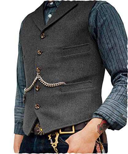 Aesido Casual Herren Weste Hochzeit Anzugweste Wolle Tweed Schmale Business Anzüge Westen Trauzeuge(Grau,XXXL) von Aesido