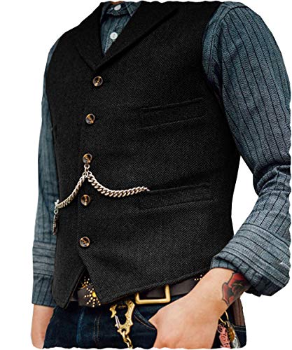 Aesido Casual Herren Weste Hochzeit Anzugweste Wolle Tweed Schmale Business Anzüge Westen Trauzeuge(Schwarz,L) von Aesido