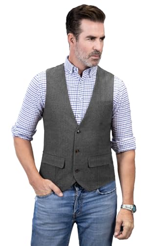 Aesido Herren Herringbone Weste Wolle Tweed V-Ausschnitt Slim Fit Kleid mit 3-Taschen Weste für Hochzeit, Abschlussball, Business（Grau，M） von Aesido