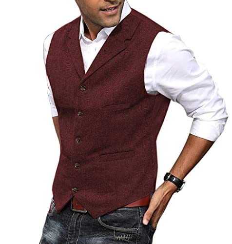 Aesido Herren Weste Anzug Weste Tweed Wolle Slim Fit Business Hochzeit Trauzeuge Anzugweste(Burgund,M) von Aesido