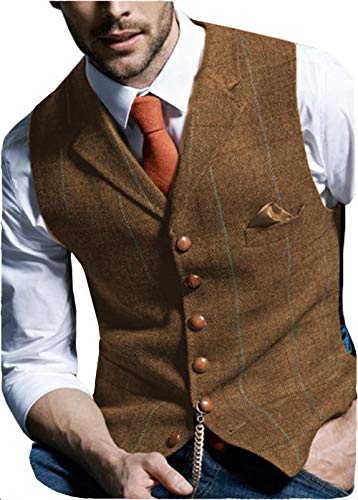 Aesido Herren Weste Anzugweste Slim Fit Kariert Wolle Tweed Weste Kragenweste Westen Smoking Frack Business Hochzeit(Braun,M) von Aesido