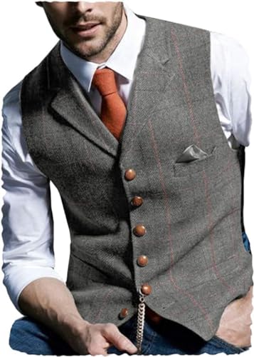 Aesido Herren Weste Anzugweste Slim Fit Kariert Wolle Tweed Weste Kragenweste Westen Smoking Frack Business Hochzeit(Grau,XL) von Aesido