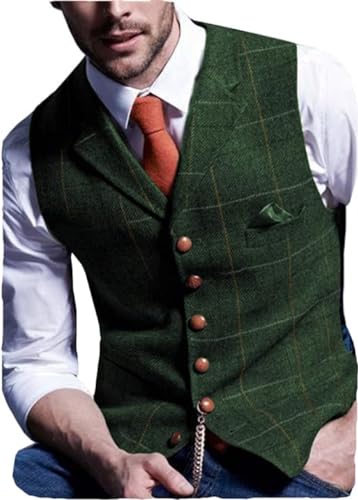 Aesido Herren Weste Anzugweste Slim Fit Kariert Wolle Tweed Weste Kragenweste Westen Smoking Frack Business Hochzeit(Grün,XL) von Aesido