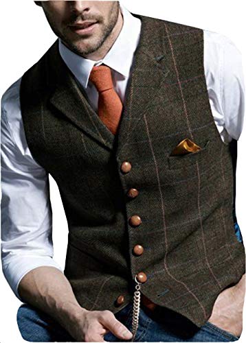 Aesido Herren Weste Anzugweste Slim Fit Kariert Wolle Tweed Weste Kragenweste Westen Smoking Frack Business Hochzeit(Kaffee,M) von Aesido