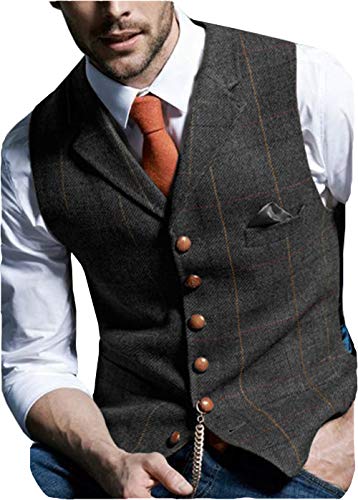 Aesido Herren Weste Anzugweste Slim Fit Kariert Wolle Tweed Weste Kragenweste Westen Smoking Frack Business Hochzeit(Schwarz,L) von Aesido