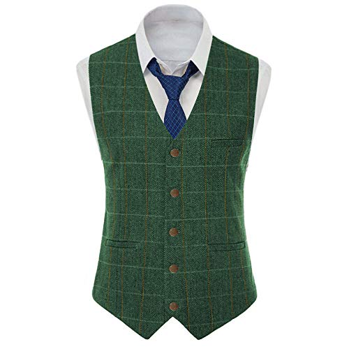 Aesido Herren Weste Anzugweste Tweed Schmale Business Wolle Fischgrätenmuster Kariert Hochzeit Trauzeuge Wedding(Grün,XL) von Aesido