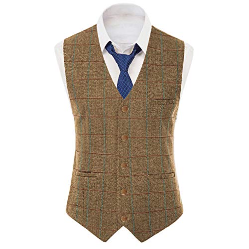 Aesido Jahrgang Herren Weste Anzugweste Schmale Business Wolle Fischgrätenmuster Tweed Hochzeit Trauzeuge(Braun,L) von Aesido